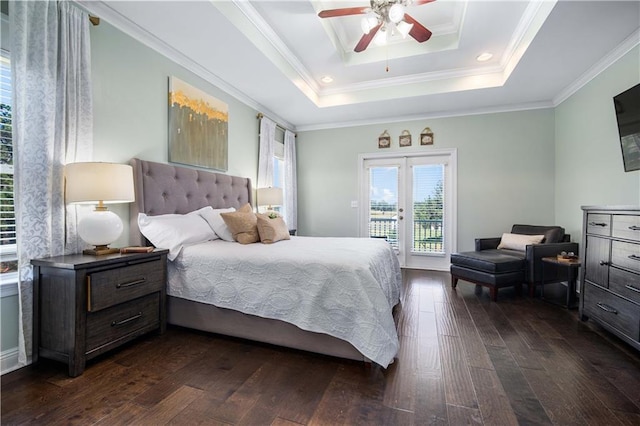 bedroom with ornamental molding, access to outside, a raised ceiling, ceiling fan, and dark hardwood / wood-style floors