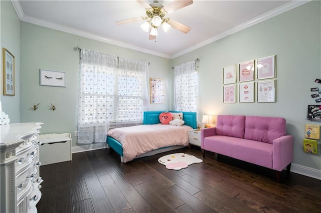 bedroom with dark hardwood / wood-style flooring, ceiling fan, and ornamental molding