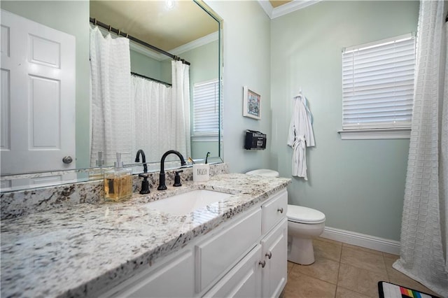 bathroom featuring a wealth of natural light, tile patterned flooring, crown molding, toilet, and vanity