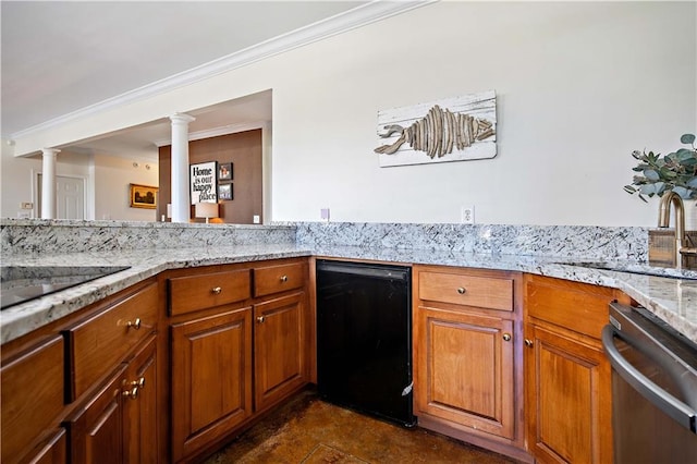 kitchen with light stone countertops, stainless steel dishwasher, ornate columns, ornamental molding, and black dishwasher