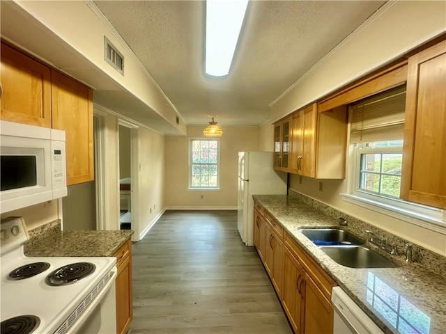 kitchen featuring dark hardwood / wood-style floors, sink, white appliances, crown molding, and a textured ceiling