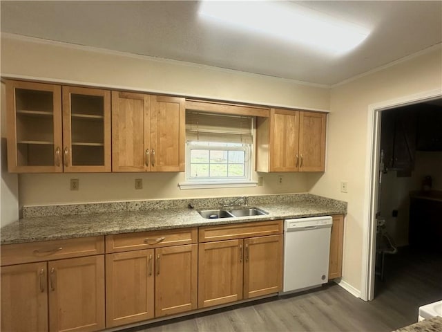 kitchen featuring sink, light stone counters, white dishwasher, crown molding, and light wood-type flooring