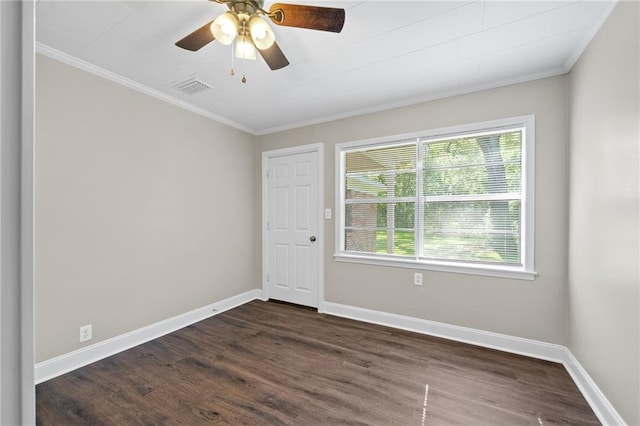 unfurnished room with crown molding, dark hardwood / wood-style flooring, and ceiling fan