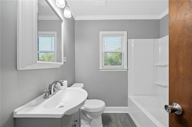 full bathroom with vanity, toilet, crown molding, and a wealth of natural light