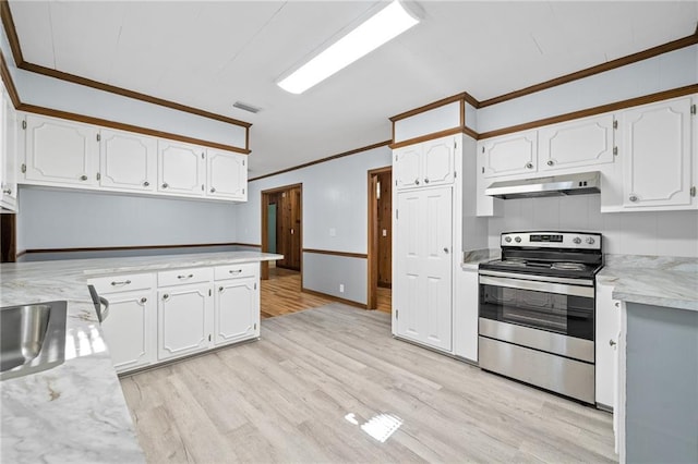 kitchen with white cabinets, light hardwood / wood-style floors, stainless steel electric range oven, and crown molding