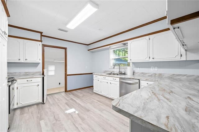 kitchen featuring light wood-type flooring, white cabinetry, sink, and appliances with stainless steel finishes