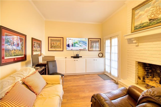 211 Cedar St, Mobile, AL 36602 - living area with crown molding, light wood finished floors, and a brick fireplace