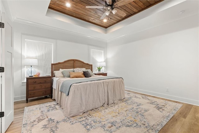 3699 Elysian Fields Dr, Saraland, AL 36571 - bedroom featuring wooden ceiling, a tray ceiling, baseboards, light wood-style floors, and a ceiling fan