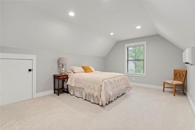 3699 Elysian Fields Dr, Saraland, AL 36571 - bedroom with a wall unit AC, light carpet, lofted ceiling, baseboards, and recessed lighting