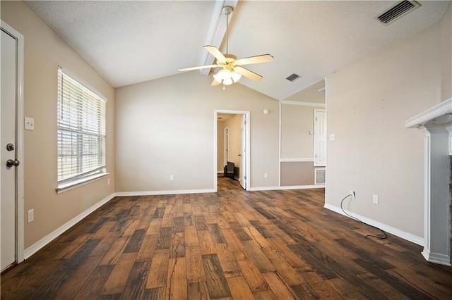 unfurnished living room with dark hardwood / wood-style floors, ceiling fan, and lofted ceiling