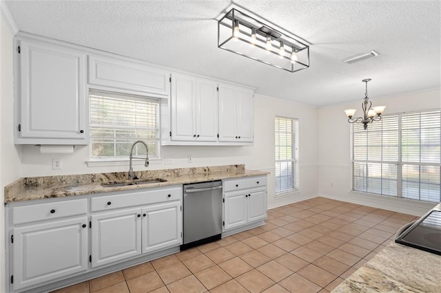 kitchen featuring visible vents, white cabinetry, a sink, dishwasher, and a notable chandelier