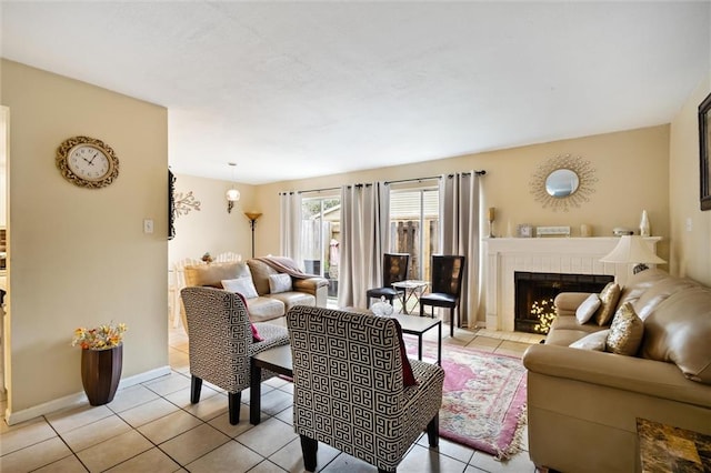 tiled living room with a tiled fireplace