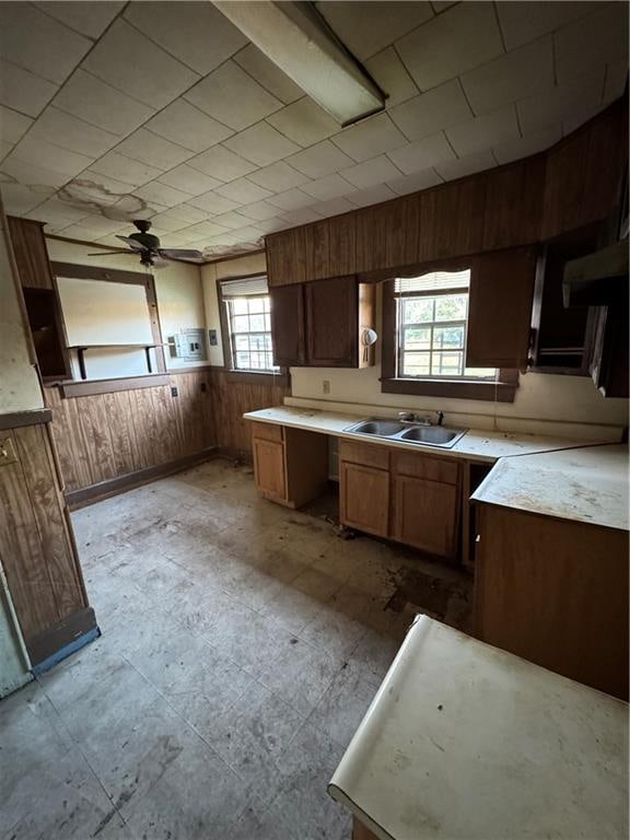 kitchen with wood walls, ceiling fan, sink, and a healthy amount of sunlight