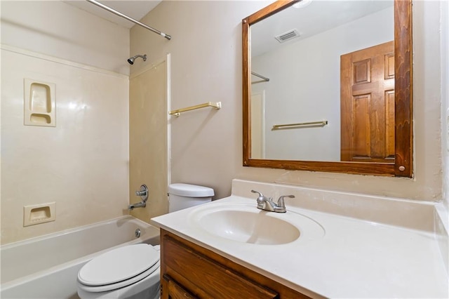 full bathroom with toilet, bathing tub / shower combination, vanity, and visible vents