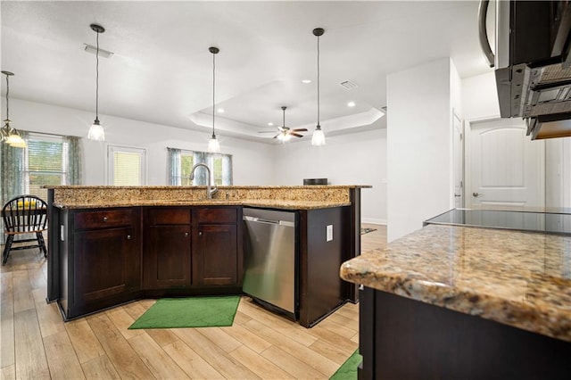 kitchen featuring a raised ceiling, a sink, light wood-style floors, and stainless steel dishwasher