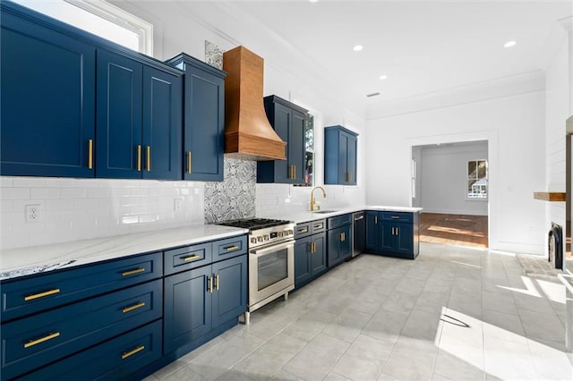 kitchen featuring crown molding, high end stainless steel range, custom range hood, and light tile patterned floors