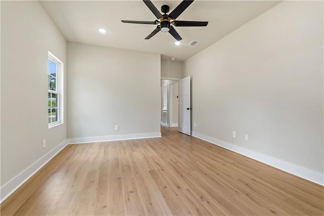 interior space with ceiling fan and light hardwood / wood-style floors