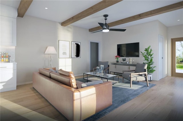 living room featuring beam ceiling, ceiling fan, and light hardwood / wood-style flooring