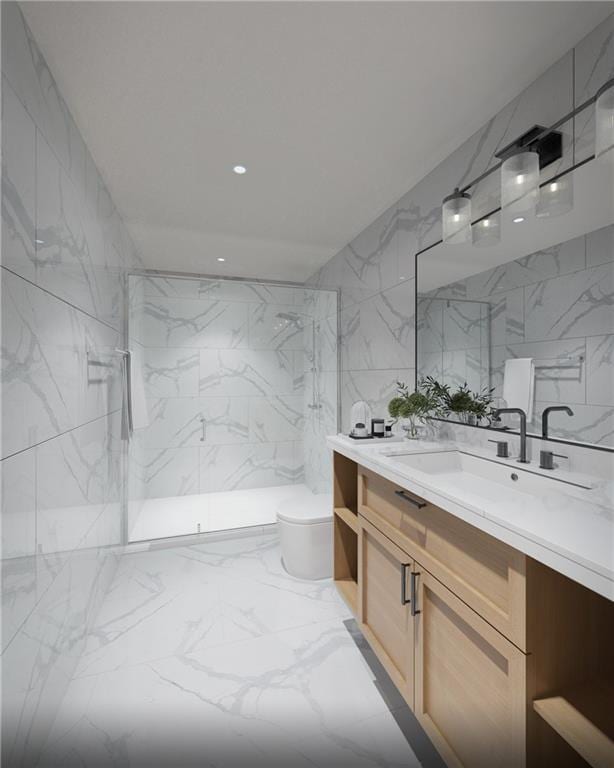 bathroom featuring toilet, vanity, tile walls, and walk in shower