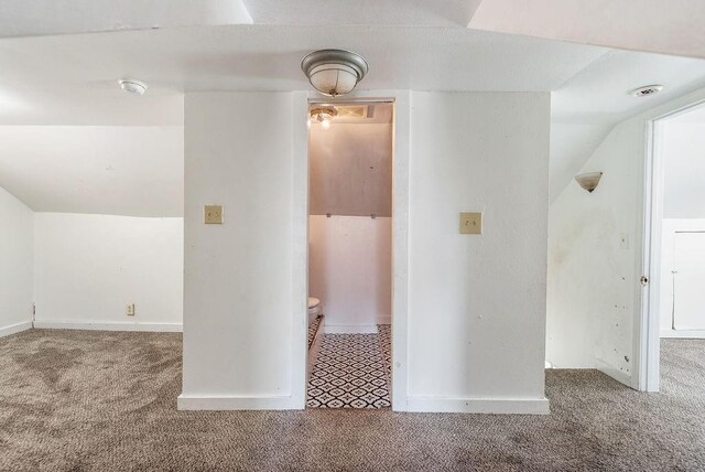 additional living space featuring baseboards, lofted ceiling, and carpet floors