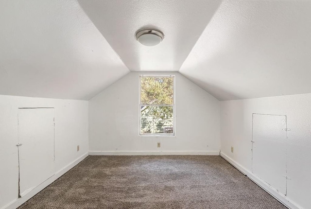 additional living space featuring carpet, baseboards, vaulted ceiling, and a textured ceiling