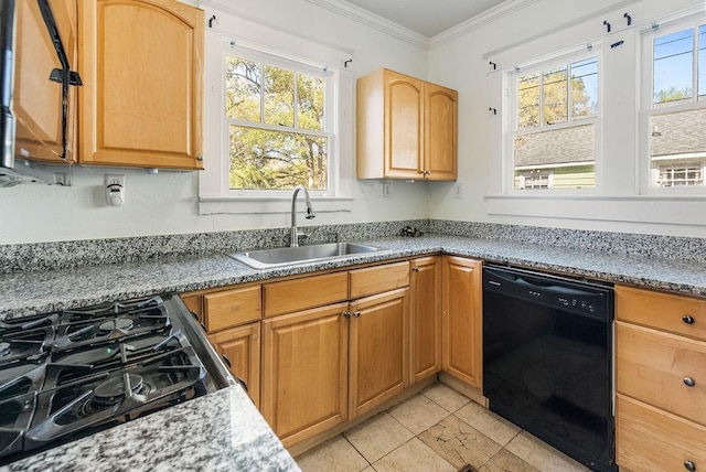 kitchen featuring a sink, stovetop, ornamental molding, and dishwasher