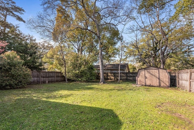 view of yard featuring a fenced backyard, an outdoor structure, and a shed