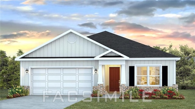 view of front of home with an attached garage, board and batten siding, driveway, and a shingled roof