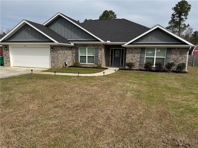 view of front of house with board and batten siding, a garage, brick siding, and a front lawn