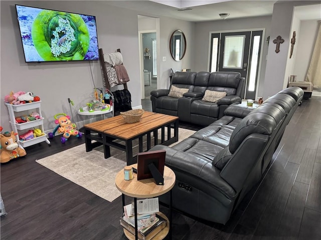 living room with dark wood finished floors