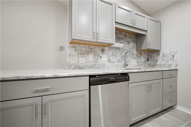 647 Spring Lake Ct, Mobile, AL 36695 - kitchen featuring stainless steel dishwasher, decorative backsplash, vaulted ceiling, gray cabinets, and light stone countertops