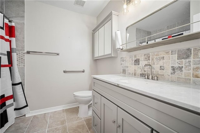 647 Spring Lake Ct, Mobile, AL 36695 - full bathroom featuring vanity, tasteful backsplash, curtained shower, and tile patterned floors