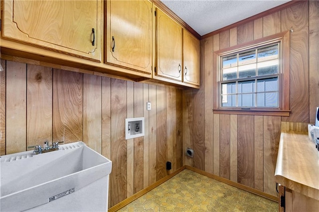 washroom with cabinet space, hookup for a washing machine, wood walls, light floors, and a sink