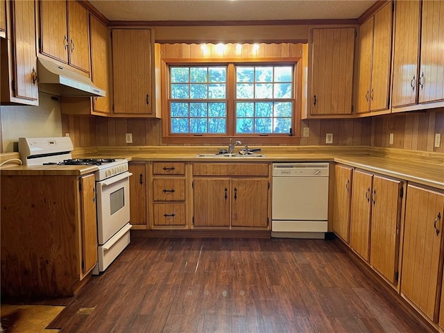 kitchen featuring white appliances, dark wood finished floors, light countertops, under cabinet range hood, and a sink