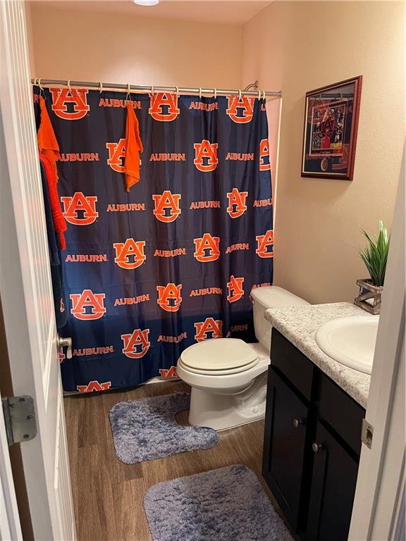 bathroom with a shower with curtain, toilet, vanity, and hardwood / wood-style flooring