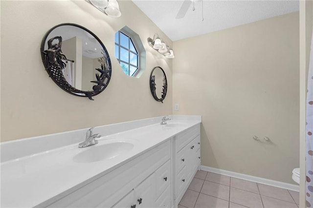 bathroom with vanity, toilet, and tile patterned flooring