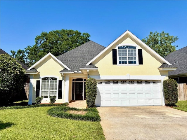 734 Natchez Trail Ct, Mobile, AL 36609 - view of front of house featuring driveway, a front lawn, roof with shingles, and stucco siding