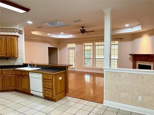 734 Natchez Trail Ct, Mobile, AL 36609 - kitchen with white dishwasher, ornamental molding, a sink, and a raised ceiling