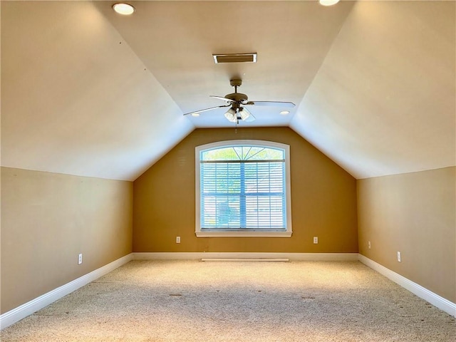 734 Natchez Trail Ct, Mobile, AL 36609 - bonus room featuring ceiling fan, visible vents, vaulted ceiling, carpet floors, and baseboards