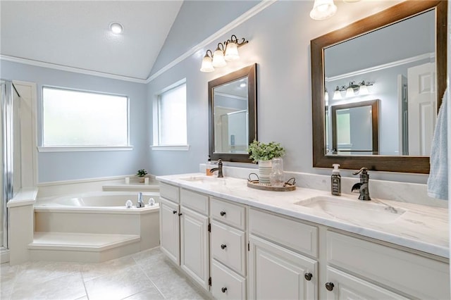 bathroom featuring vaulted ceiling, vanity, crown molding, shower with separate bathtub, and tile patterned floors