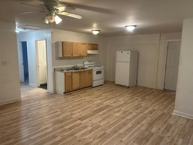kitchen with light wood finished floors, ceiling fan, white appliances, and under cabinet range hood