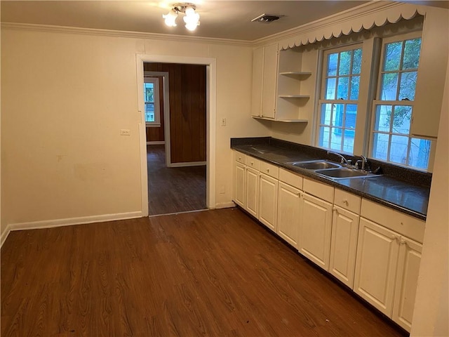 kitchen featuring crown molding, open shelves, visible vents, dark wood-type flooring, and a sink