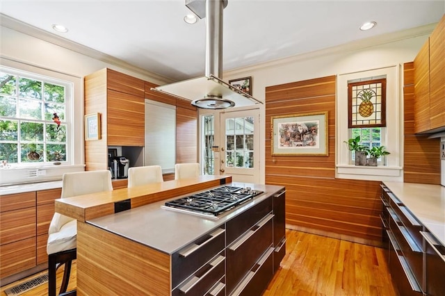 kitchen with stainless steel gas stovetop, light hardwood / wood-style floors, and ornamental molding