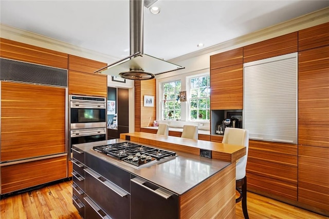 kitchen featuring a kitchen island, stainless steel appliances, island exhaust hood, and light hardwood / wood-style flooring