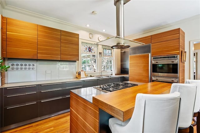 kitchen with sink, stainless steel appliances, and light hardwood / wood-style floors