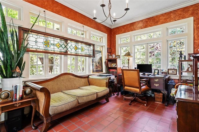 office with an inviting chandelier, ornamental molding, and tile patterned floors