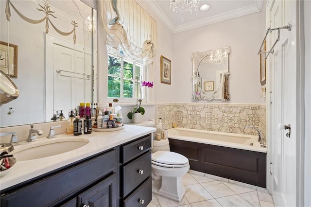 bathroom featuring a bath, vanity, tile patterned flooring, crown molding, and toilet