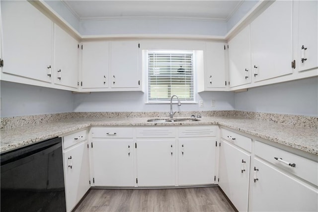 1008 Chalet Dr W, Mobile, AL 36608 - kitchen with dishwasher, light wood-style floors, white cabinets, crown molding, and light stone countertops