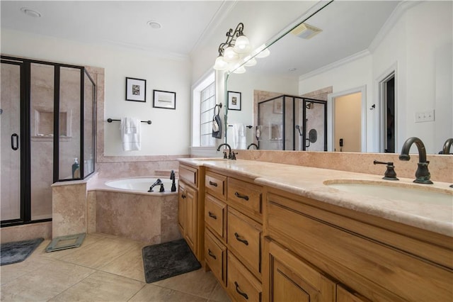 bathroom with vanity, ornamental molding, independent shower and bath, and tile patterned floors