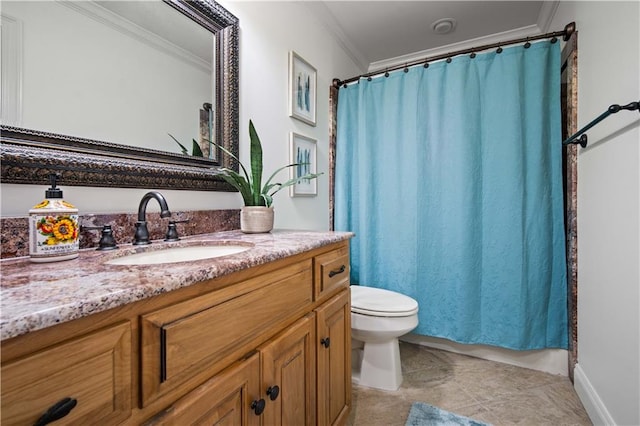 bathroom with crown molding, vanity, toilet, and tile patterned flooring